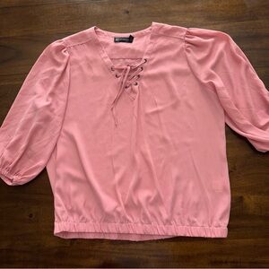 New York & Co Womens Pink 3/4 Sleeve Laced V-neck Bubble Hem Blouse Shirt XL